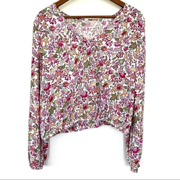 LOFT popover top with long  sleeves and v-back, loose fit, floral - Picture 1 of 8